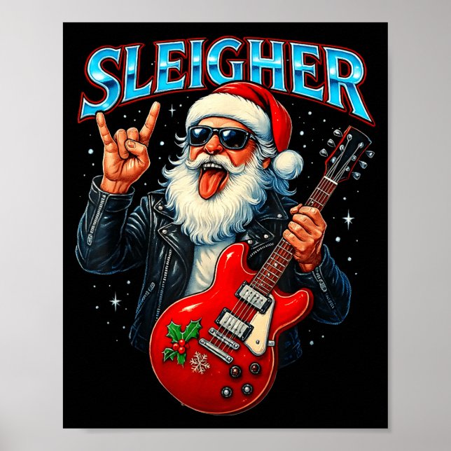Sleigher Rock Santa Funny Metal Christmas Design  Poster (Framsidan)