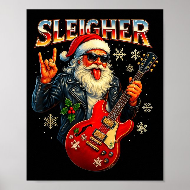 Sleigher Rock Santa Funny Metal Christmas Design  Poster (Framsidan)