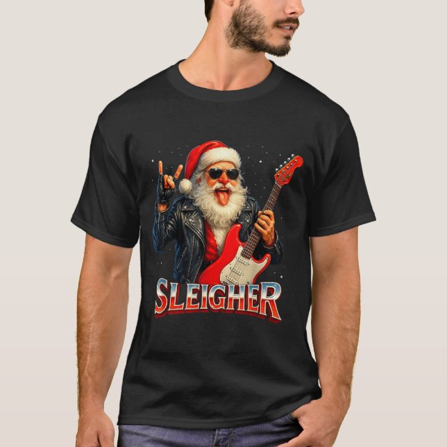 Sleigher Rock Santa Funny Metal Christmas Design  T Shirt (Framsida)