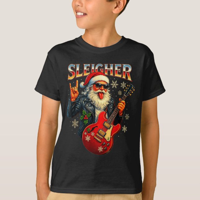 Sleigher Rock Santa Funny Metal Christmas Design  T Shirt (Framsida)