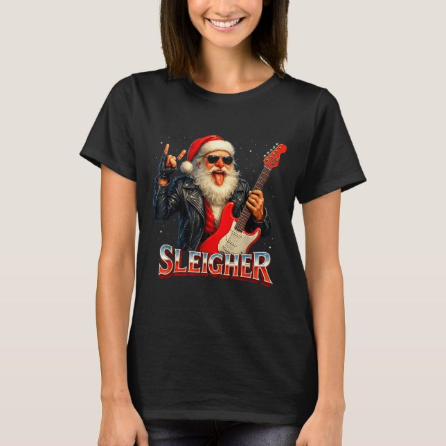 Sleigher Rock Santa Funny Metal Christmas Design  T Shirt (Framsida)