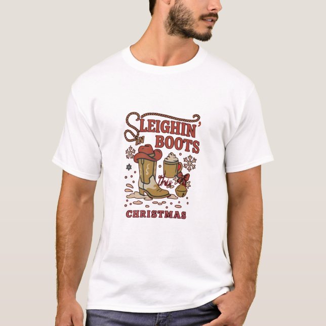 Sleighin Boots den här julklunne Väster Cowboy T Shirt (Framsida)