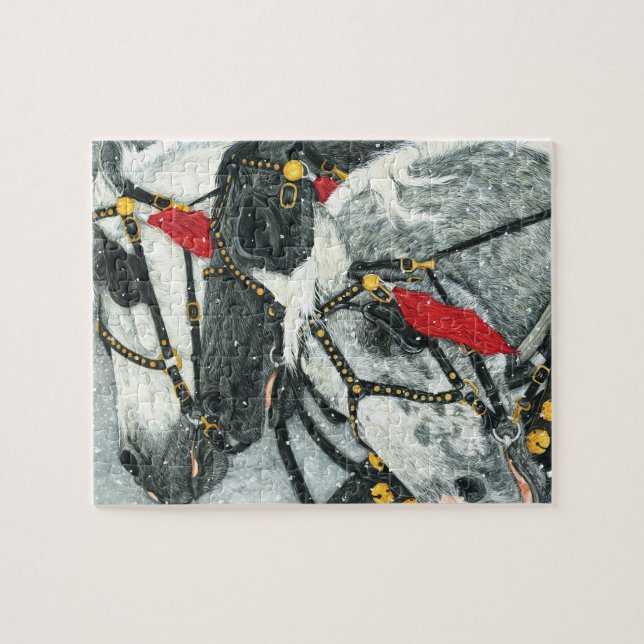 SleighKlockor ring - Percheron hästlag i vinter Pussel (Horisontell)