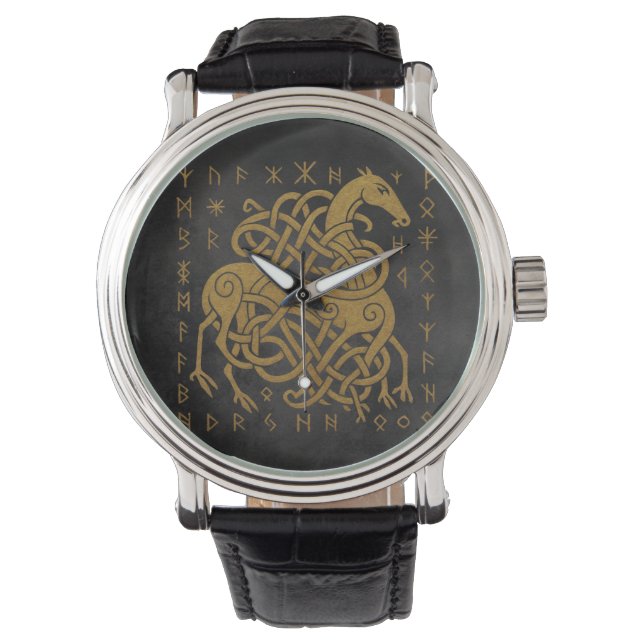 Sleipnir, Guld Nordisk Häst med Runor Symbol Armbandsur (Framsida)