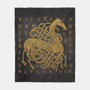 Sleipnir, Guld Nordisk Häst med Runor Symbol Fleecefilt