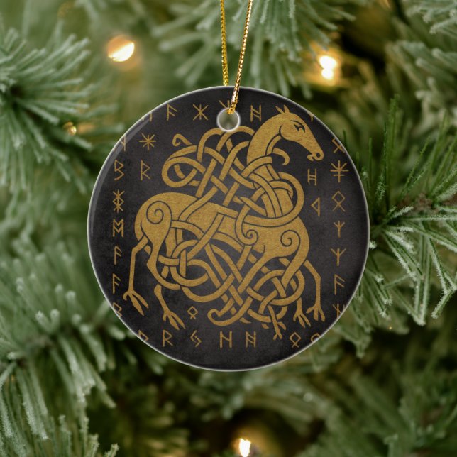 Sleipnir, Guld Nordisk Häst med Runor Symbol Julgransprydnad Keramik (Träd)