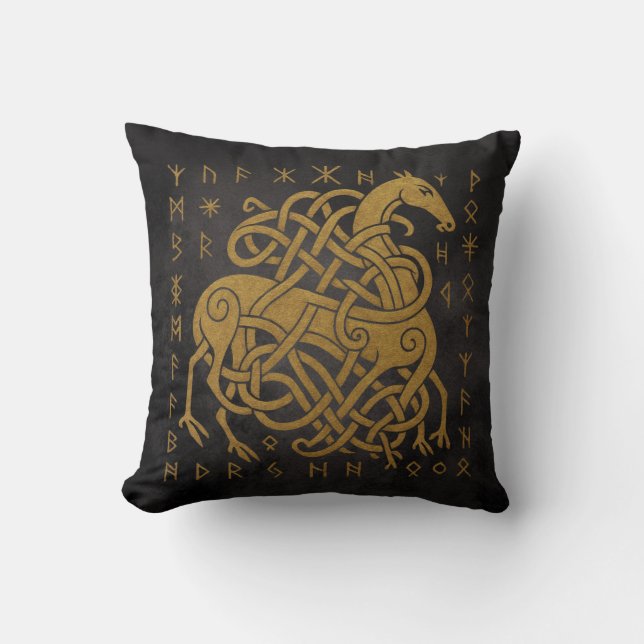 Sleipnir, Guld Nordisk Häst med Runor Symbol Kudde (Framsida)