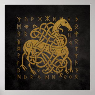 Sleipnir, Guld Nordisk Häst med Runor Symbol Poster