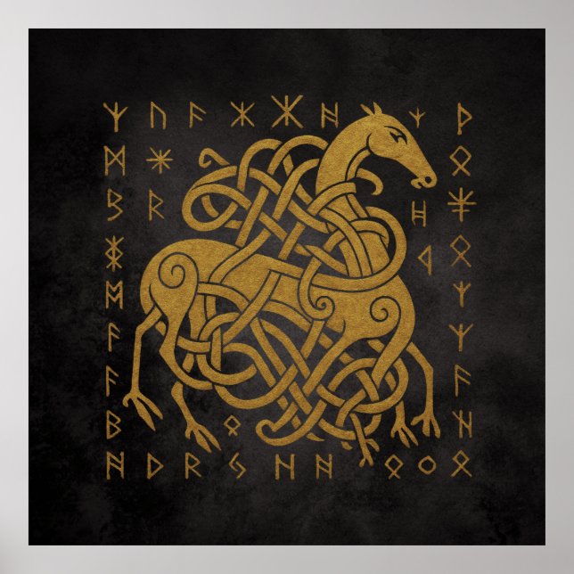 Sleipnir, Guld Nordisk Häst med Runor Symbol Poster (Framsidan)
