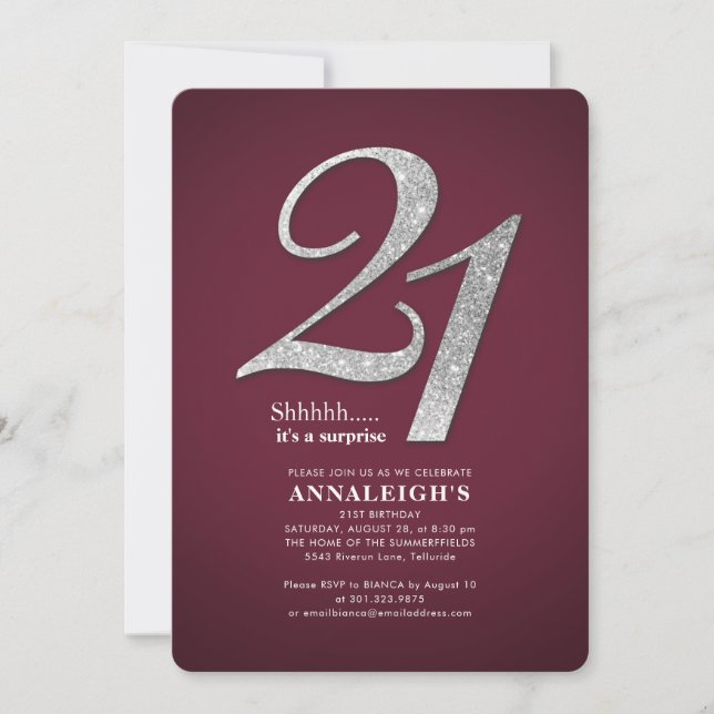 Slever Glitter Glam Burgundy 21:a födelsedagen Inbjudningar (Framsida)