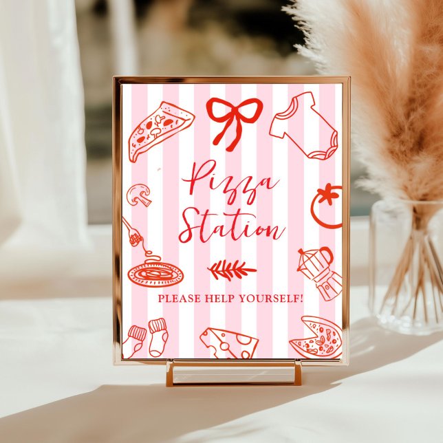 Slice Slice Baby Pizza Station skylt (Red and Pink Pizza station baby shower sign)
