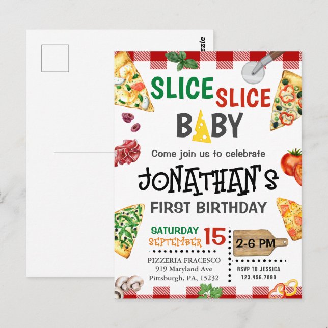 Slice Slice Baby Pizzaparty 1-årsdag Vykort (Fram/baksida)