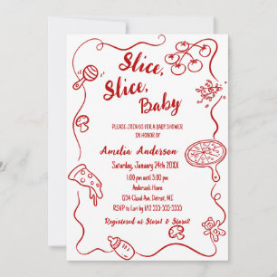 Slice Slice Baby   Röd Doodle Pizza Baby Shower Inbjudningar