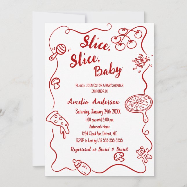 Slice Slice Baby | Röd Doodle Pizza Baby Shower Inbjudningar (Framsida)