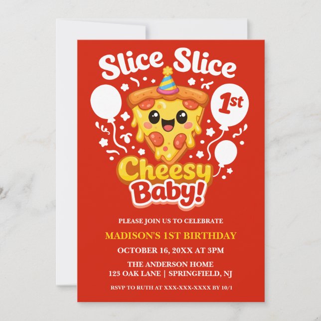 Slice Slice Cheesy Baby Pizza 1-års födelsedagsfot Inbjudningar (Framsida)