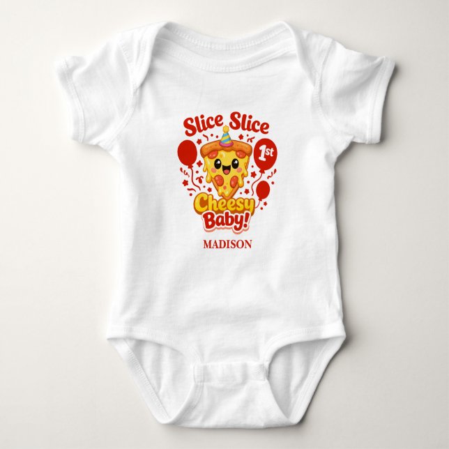Slice Slice Cheesy Baby Pizza 1-årsdag T Shirt (Framsida)