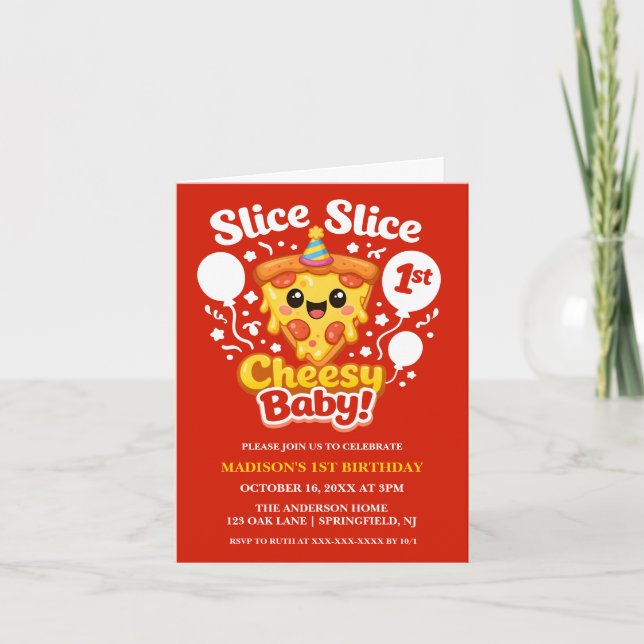Slice Slice Cheesy Baby Pizza 1st Birthday Photo Inbjudan (Framsida)