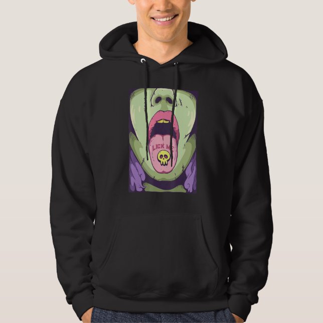 Slicka mig gå Tunga med Skull Pill Emo Punk Gothi Hoodie (Framsida)