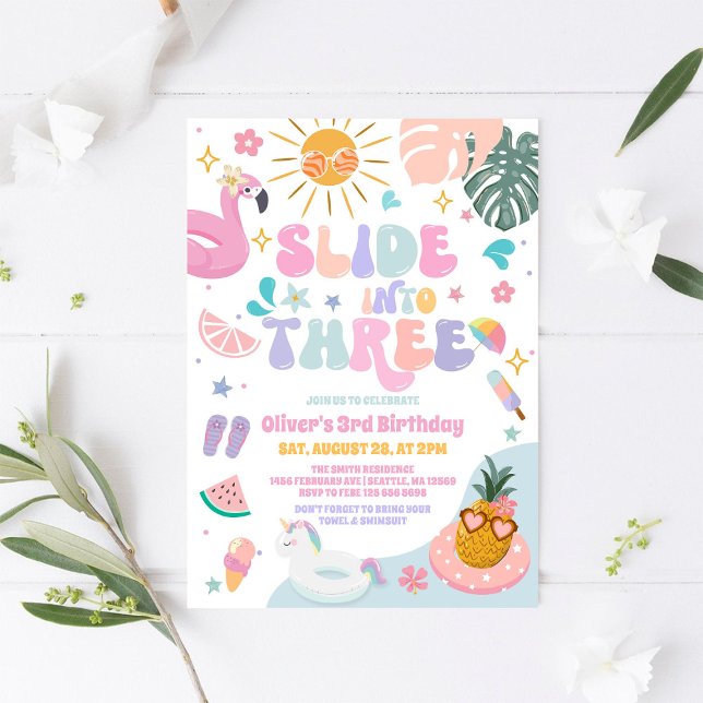 Slide Into Three Pool Party Summer 3rd Birthday Inbjudningar (Skapare uppladdad)