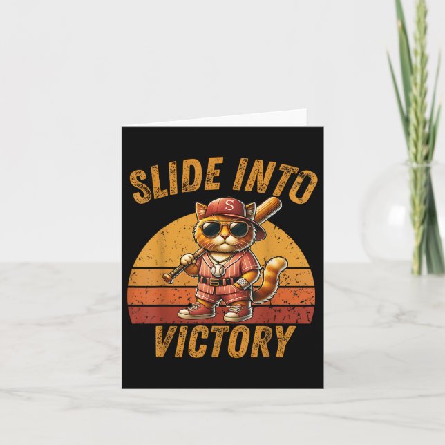 Slide Into Victory Funny Cat Baseball Sunset Vinta Kort (Framsida)