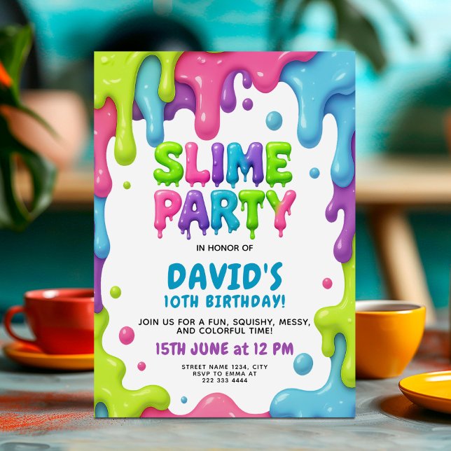Slime Birthday med färgstarka nylondrivrutiner Inbjudningar (Skapare uppladdad)
