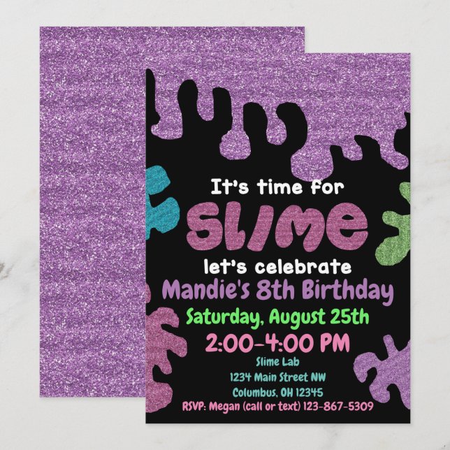 Slime födelsedagsfest inbjudan; slime-labbet; flic inbjudningar (Fram/baksida)