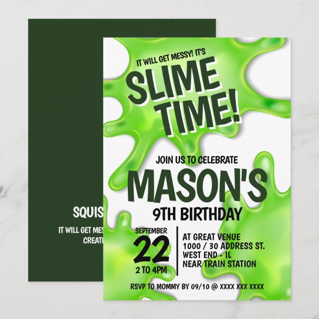 Slime Party Birthday Inbjudningar (Fram/baksida)