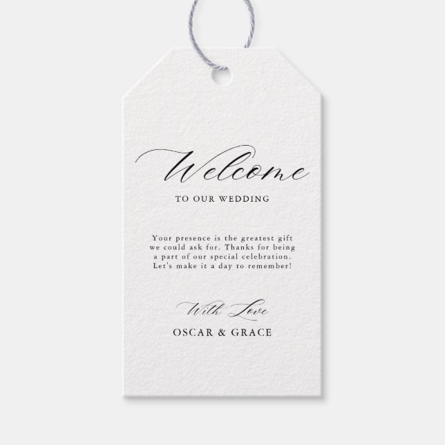 Slimmad kalligrafi, minimalistisk svart vit Bröllo Presentetikett (Framsidan)