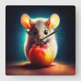 Slimmad liten mus med glansig äppelkökskonst fyrkantig klocka