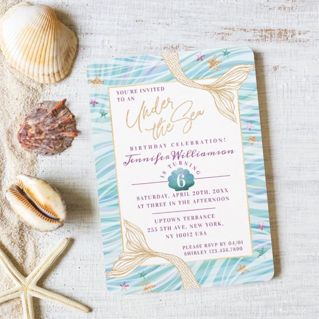 Slimmad Sjöjungfru under inbjudan till Havets dag (Sleek Mermaid Under The Sea Birthday Invitation)