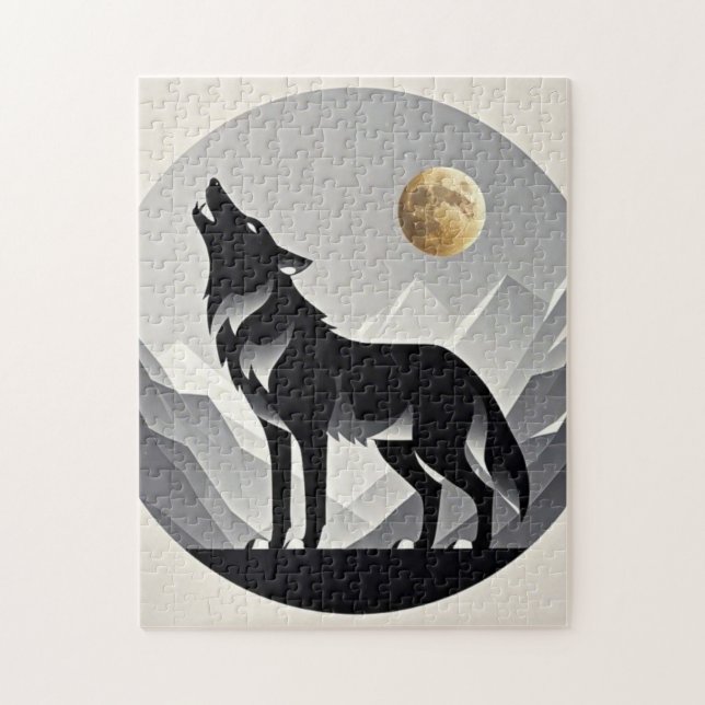 Slimmad varg silhuette svart grått minimalist pussel (Vertikal)