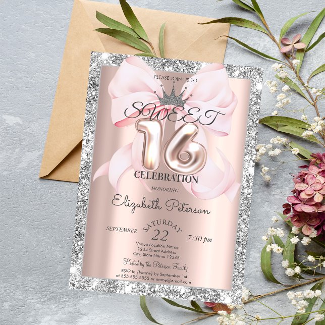 Slinga, Tiara, Roséguld Silverglitter Sweet 16  Inbjudningar (Skapare uppladdad)