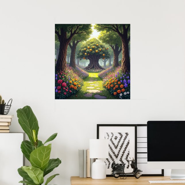 Slingrande stig genom blomsteräng till apelsinträd poster (Hemmakontoret)