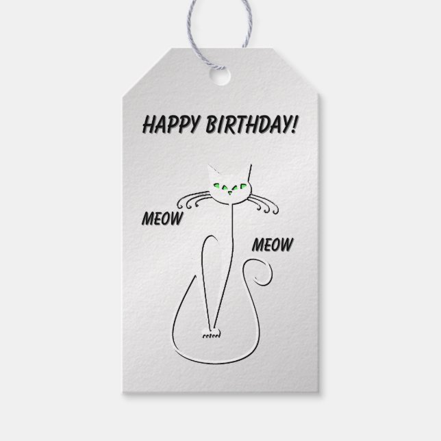 Slinky Black Cat Meow Meow Grönt Ögon på silver Presentetikett (Framsidan)