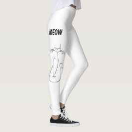 Slinky Black Cat Meow Meow Grönt Ögon på White Leggings
