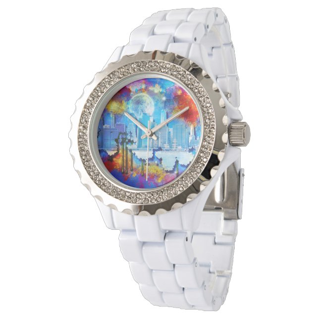 SlipperyJoe NYC graffiti måne omgiven av virvlande Armbandsur (Vinklad)