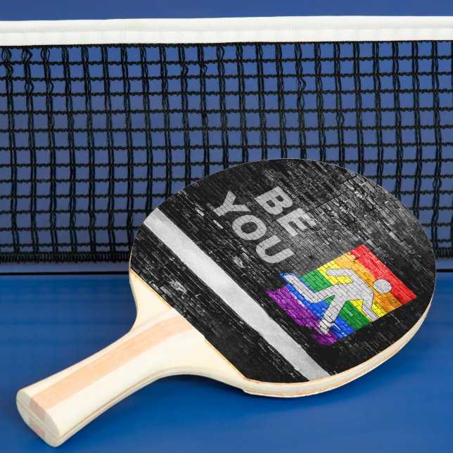 SlipperyJoe's Be You brick wall stick figure rainb Pingisracket (Insitu)