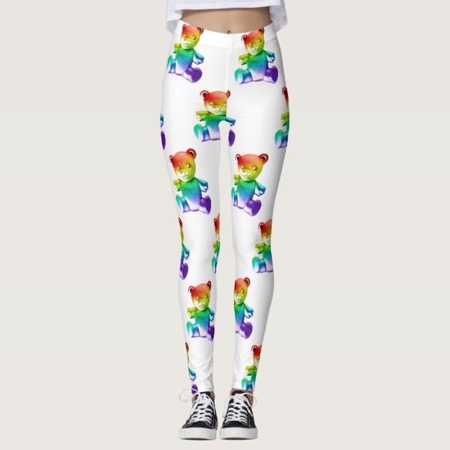 SlipperyJoe's borstad metall nalle rainbow gra Leggings (Framsida)