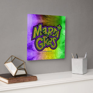 SlipperyJoe's festiva Mardi Gras-tema krona förstä Fyrkantig Klocka