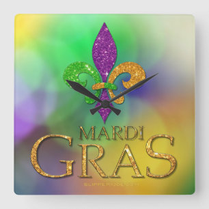 SlipperyJoe's festliga Mardi Gras-tema lila grön Fyrkantig Klocka