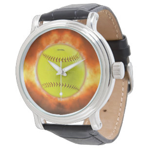 SlipperyJoes gula softboll eldboll flammor rasp Armbandsur