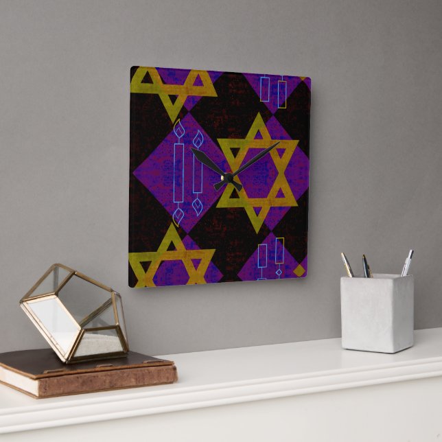 SlipperyJoe's Hanukkah-tema bild gyllengul  Fyrkantig Klocka (Kontor)