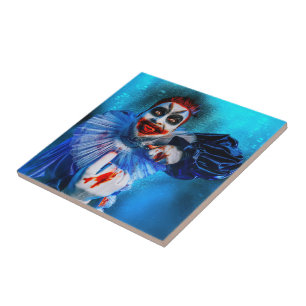 SlipperyJoe's hotande clown Happy halloween red b Kakelplatta
