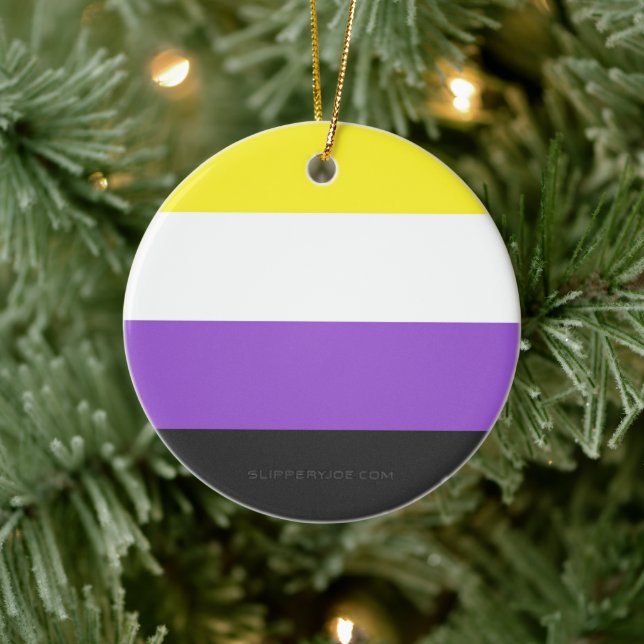 SlipperyJoe's Icke-binära Pride Flagga gul vit pu Julgransprydnad Keramik (Träd)