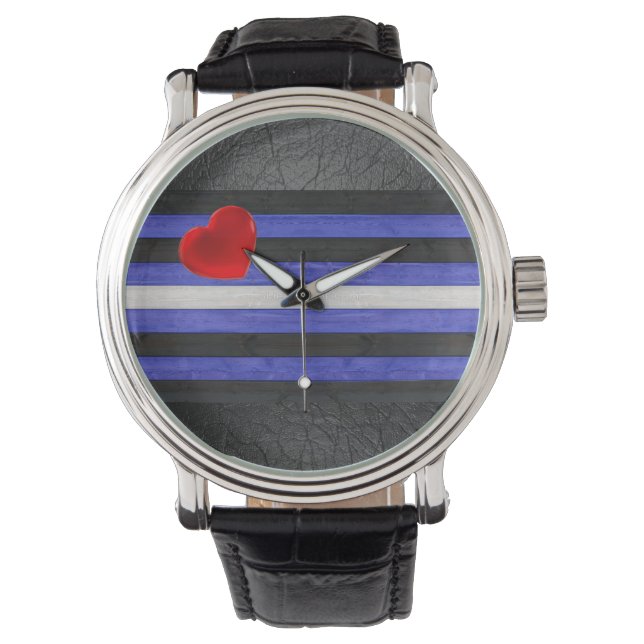 SlipperyJoe's läderprydnadsflagga svart kunglig bl Armbandsur (Framsida)