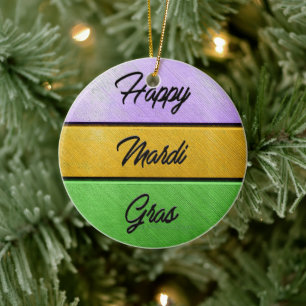 SlipperyJoes Lycklig Mardi Gras lila guld grönt b Julgransprydnad Keramik