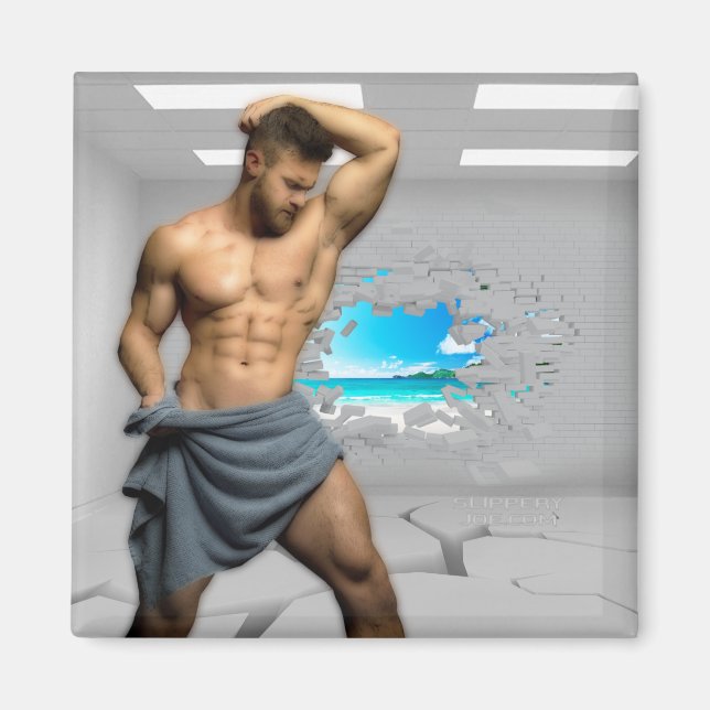 SlipperyJoe's Man i ett handdukvita rumsmuskler cr Magnet (Framsidan)