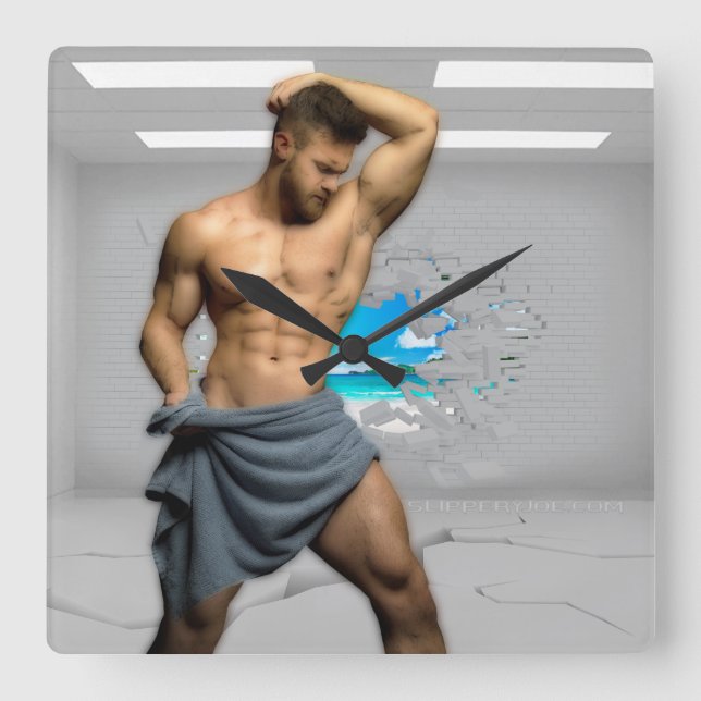 SlipperyJoe's Man towel bruten vit tegelvägg ba Fyrkantig Klocka (Framsida)