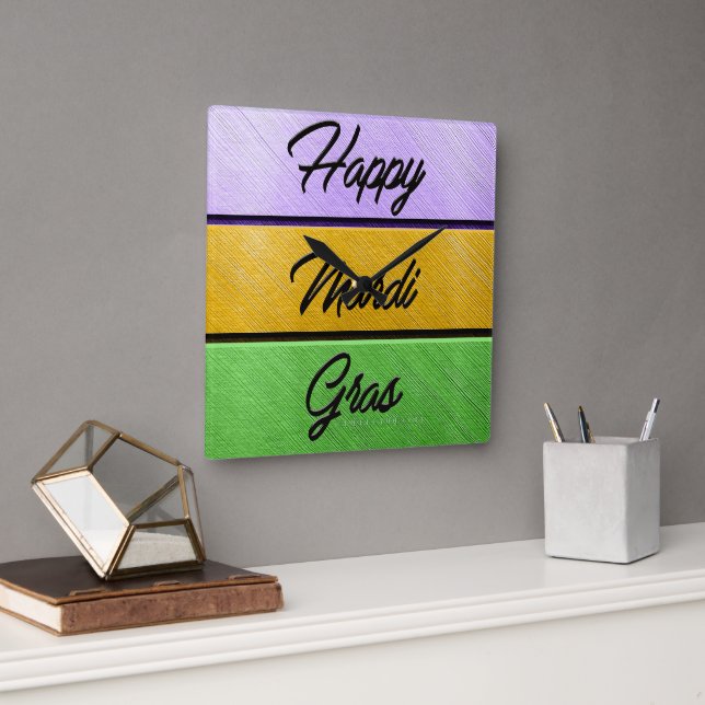 SlipperyJoes Mardi Gras lila guld grönt metall Fyrkantig Klocka (Kontor)