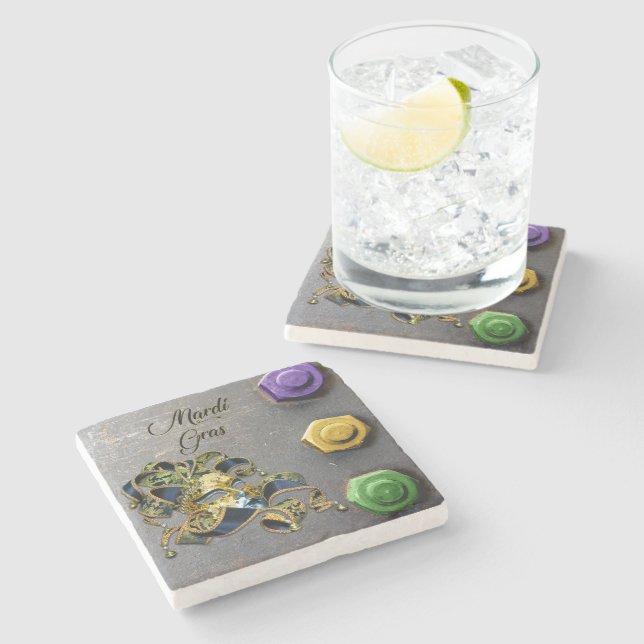 SlipperyJoes Mardi Gras Mask lila guld grönt bl Stenunderlägg (Sidan)